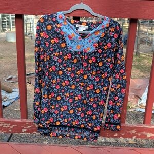 WinterSilks Vibrant Floral Long Sleeve Top with Blue Accents